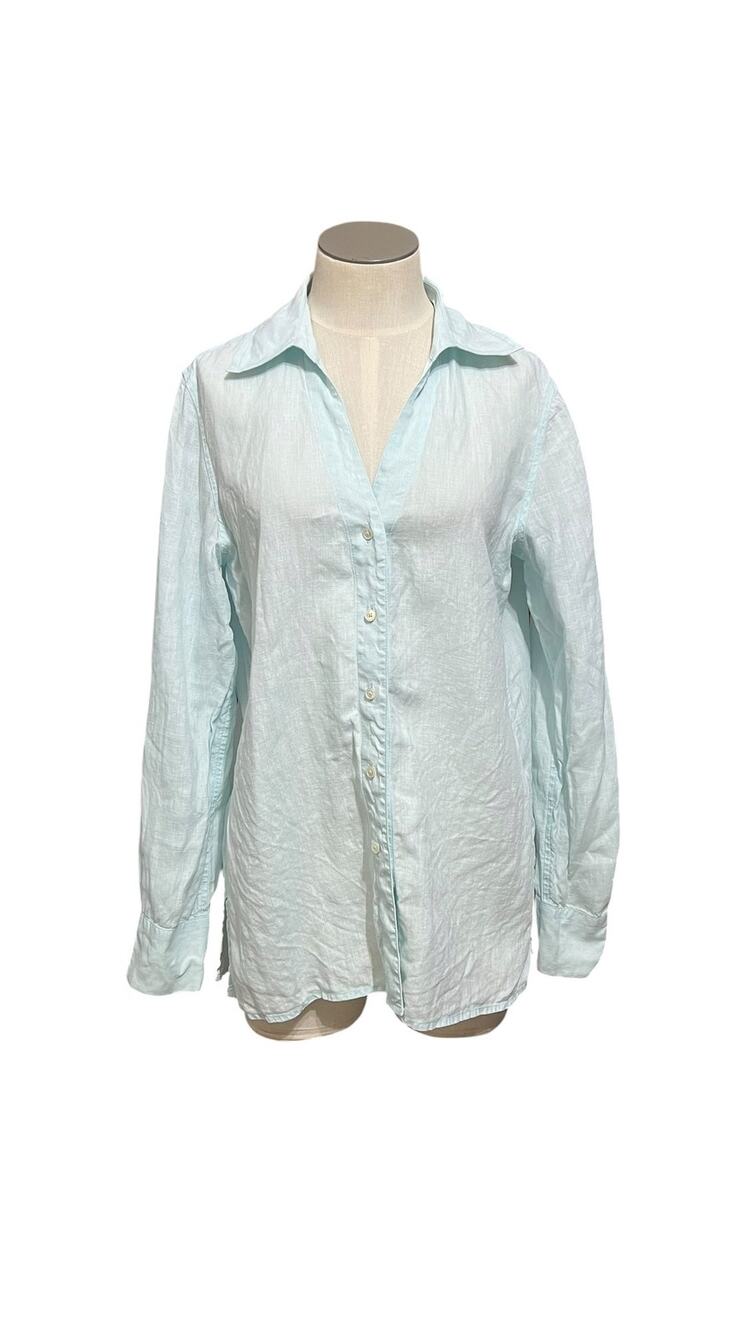 Talbots Preppy Irish Linen Coastal Resort Vacation Aqua Button Up Shirt Sz 8